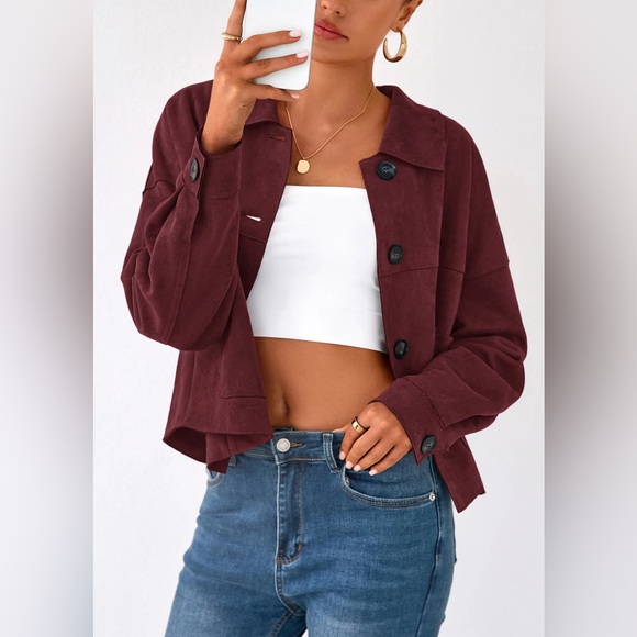 PRETTYGARDEN Faux Suede Cropped Jacket Burgundy Size L Like New - Picture 6 of 8